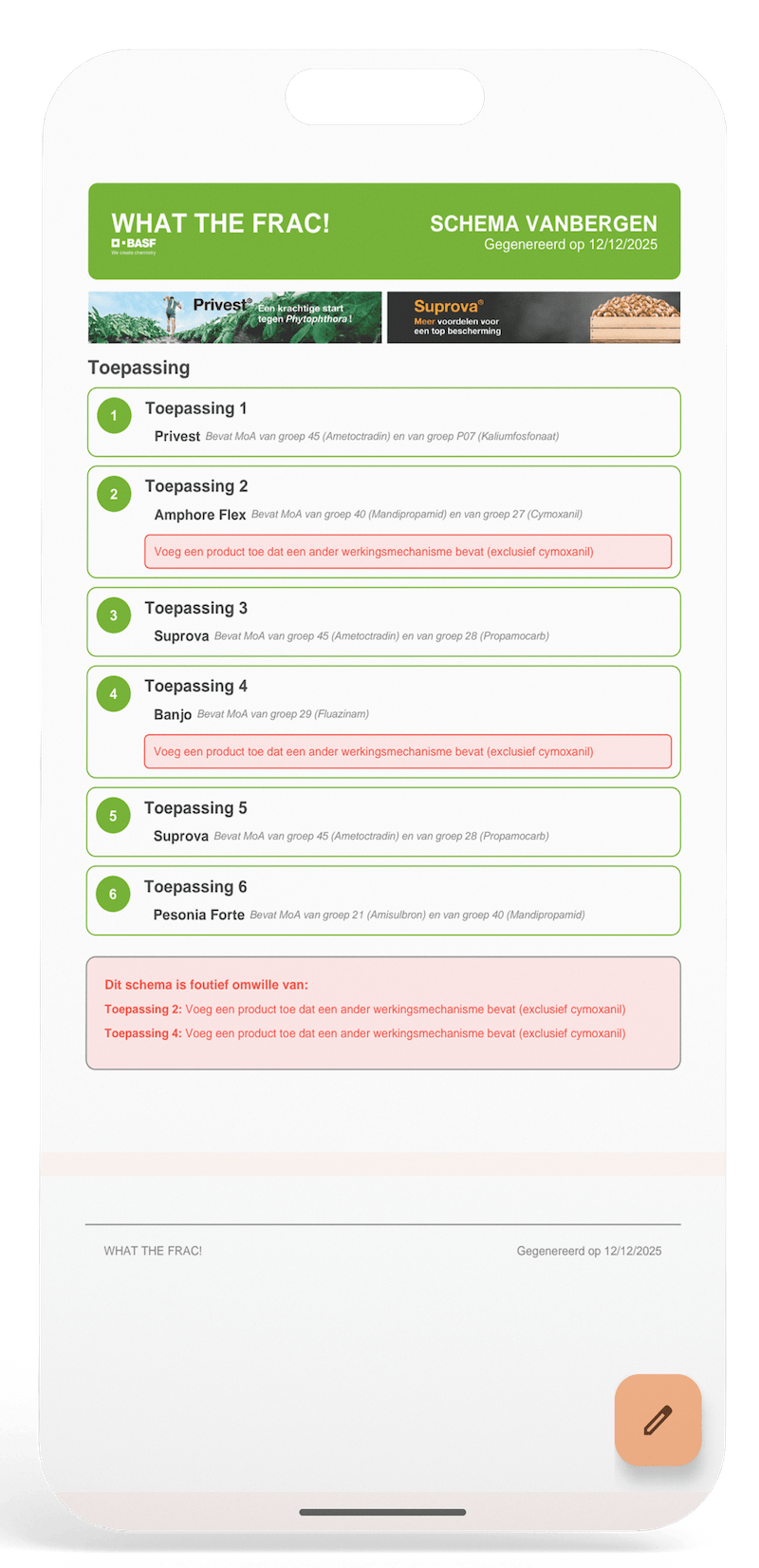 PDF export of the spray schedule from the application
